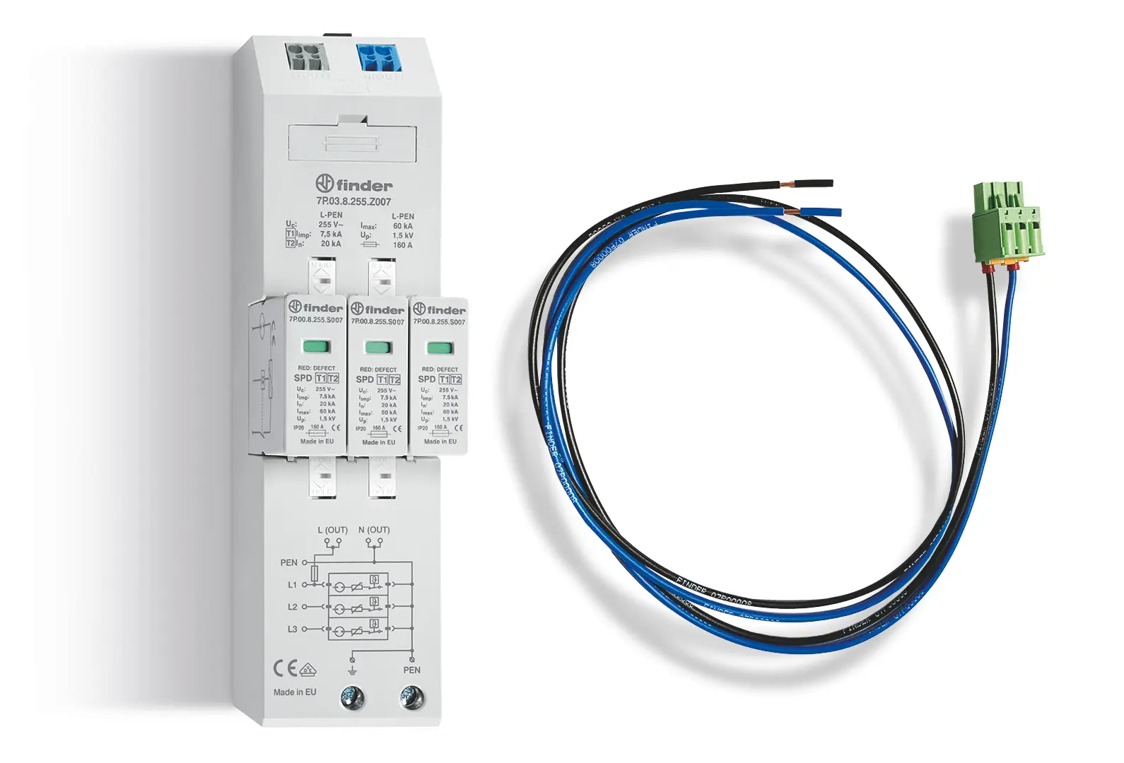 Produktfoto 1 von Kombiableiter Typ 1+2 für dreiphasige TN-S und TT Netze mit Spannungsabgriff