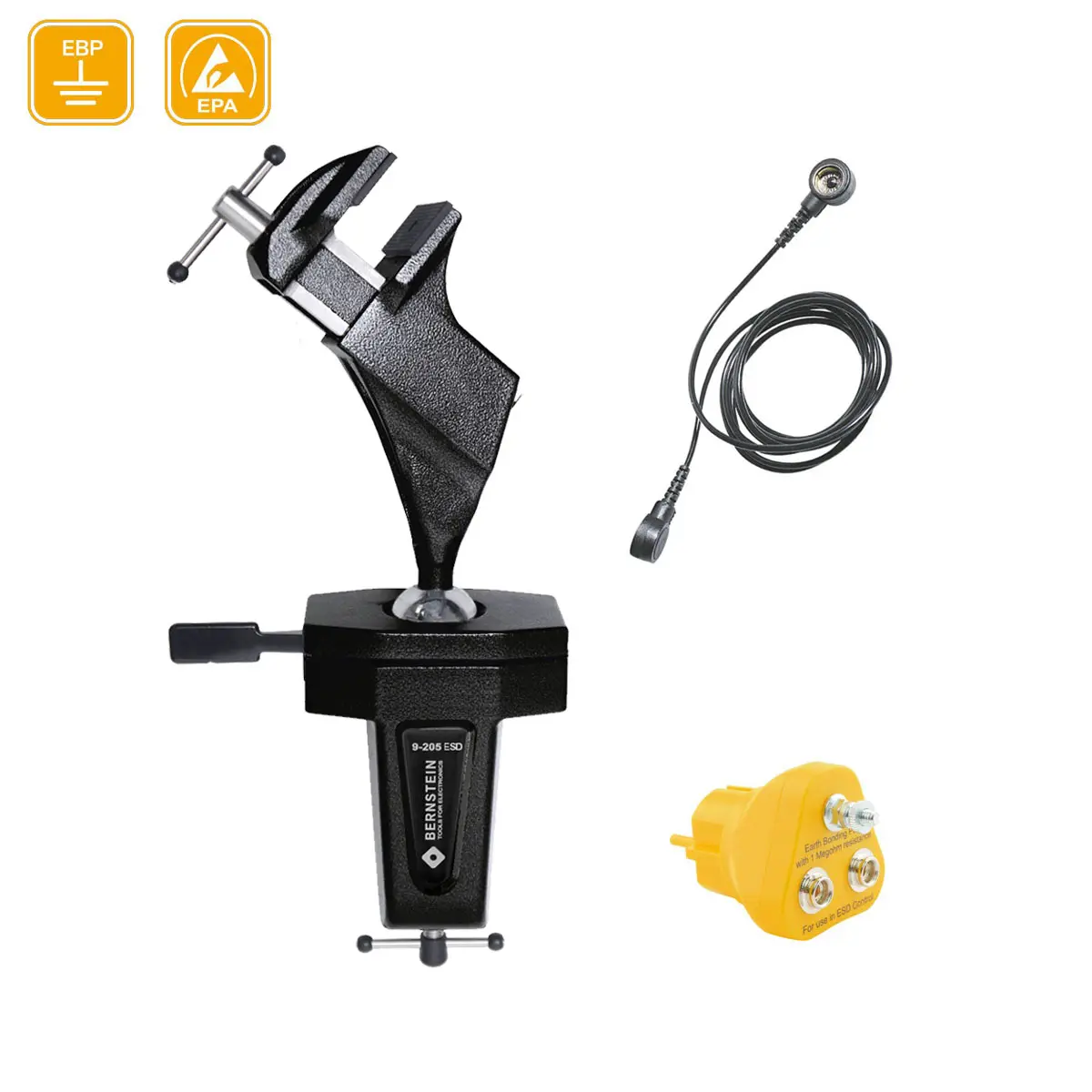 ESD Kugelgelenk-Schraubstock (Anklemmen) ableitfähig + Stecker + Erdungsleitung