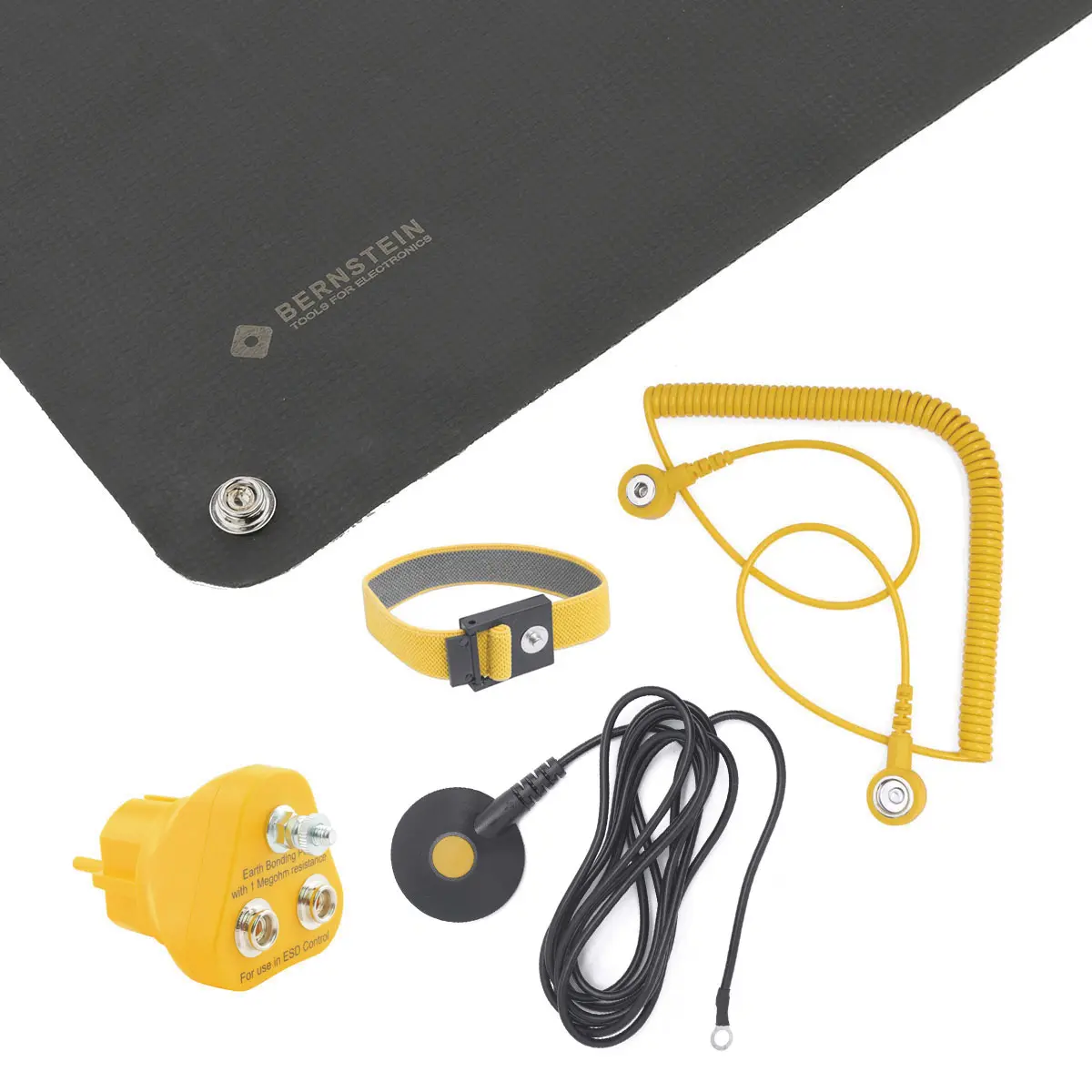 Produktfoto 1 von ESD Handling Set 5-tlg Matte schwarz (500x400x0,5) Armband 2 Kabel Erdungsstecker