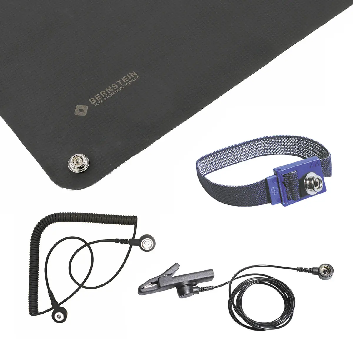 Produktfoto 1 von ESD Handling Set 5-tlg Matte schwarz (500x400x0,5) Armband 2 Kabel Klemme