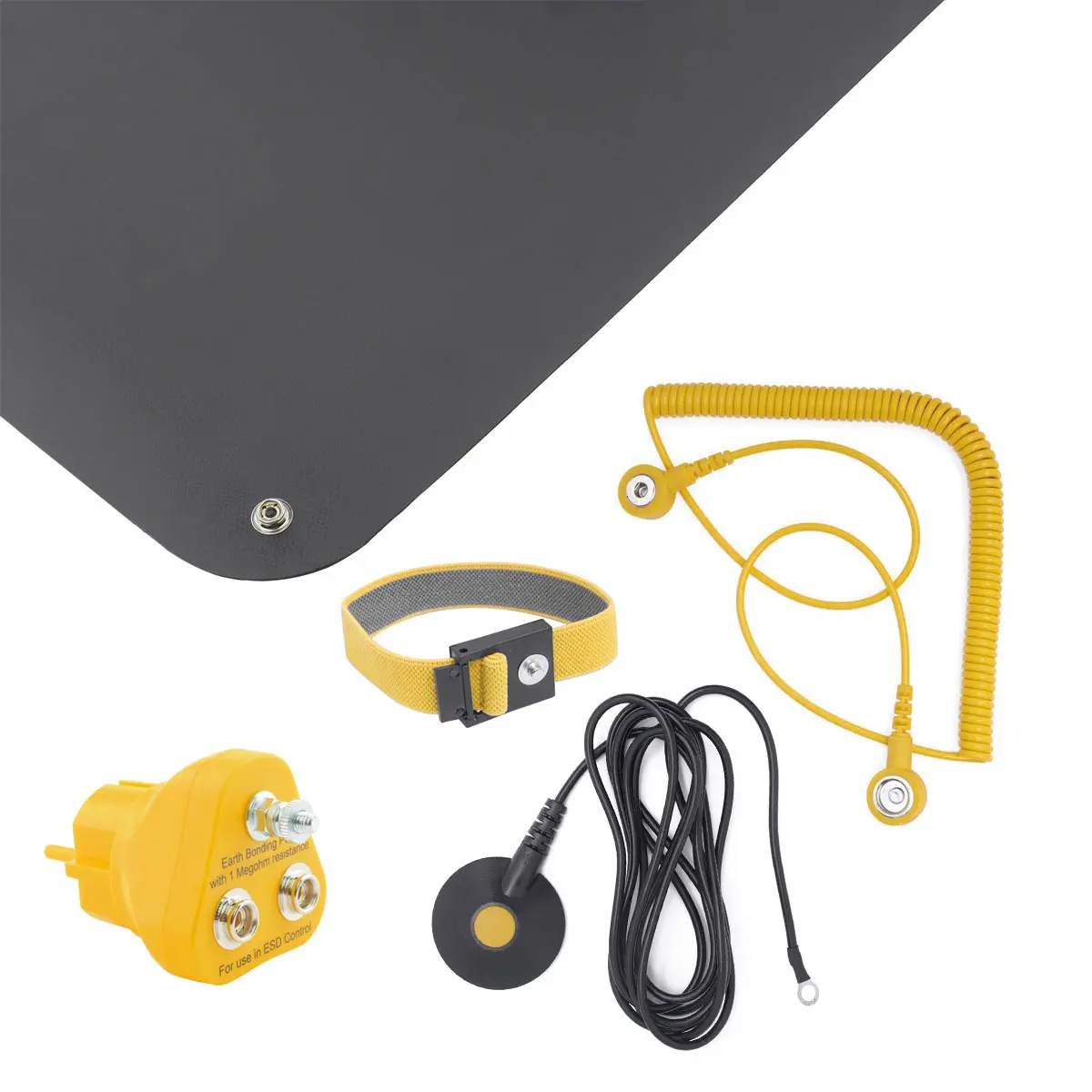 Produktfoto 1 von ESD Handling Set 5-tlg Matte schwarz (900x610x1,5) Armband 2 Kabel Erdungsstecker