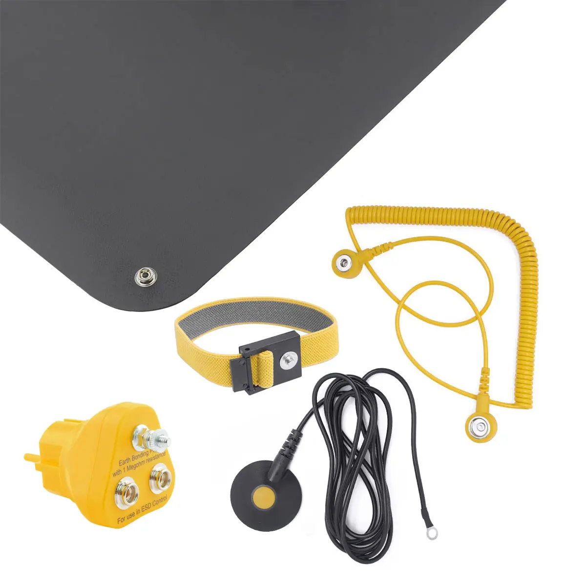 Produktfoto 1 von ESD Handling Set 5-tlg Matte schwarz (610x450x1,5) Armband 2 Kabel Erdungsstecker