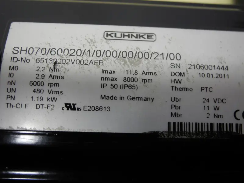 Produktfoto 1 von Kuhnke Servomotor SH070/60020/1/0/00/00/00/21/00 2,2Nm 6000rpm 1,19kW unbenutzt