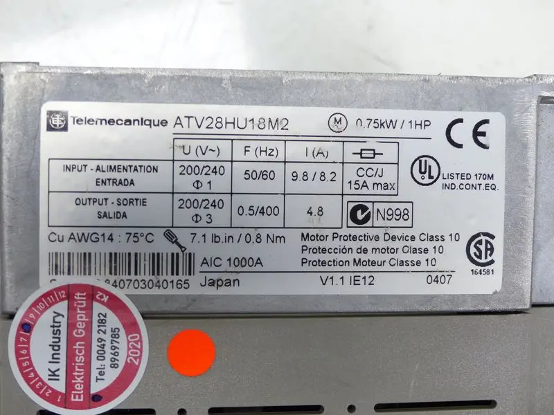 Produktfoto 1 von Telemecanique Schneider Altivar 28 ATV28HU18M2 0,75kW 1HP 230V 4,8A TESTED