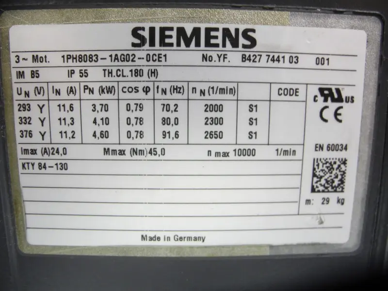 Produktfoto 1 von Siemens 1PH8083-1AG02-0CE1 Spindel Servomotor max.10000 IP 55 3,70 kW neuwertig