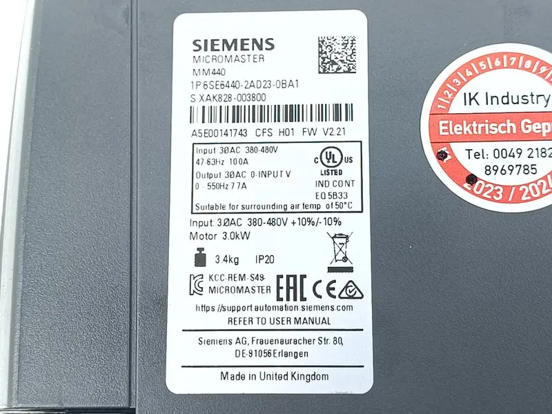 Produktfoto 1 von Siemens Micromaster 440 6SE6440-2AD23-0BA1 400V 3KW V2.21 NEUWERTIG TESTED