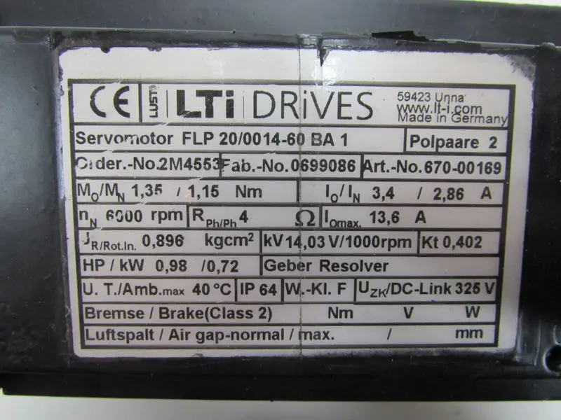 Produktfoto 1 von LTI Drives Stromag Servomotor FLP 20/0014-60 BA 1 6000 rpm 0,72 kW Top Zustand