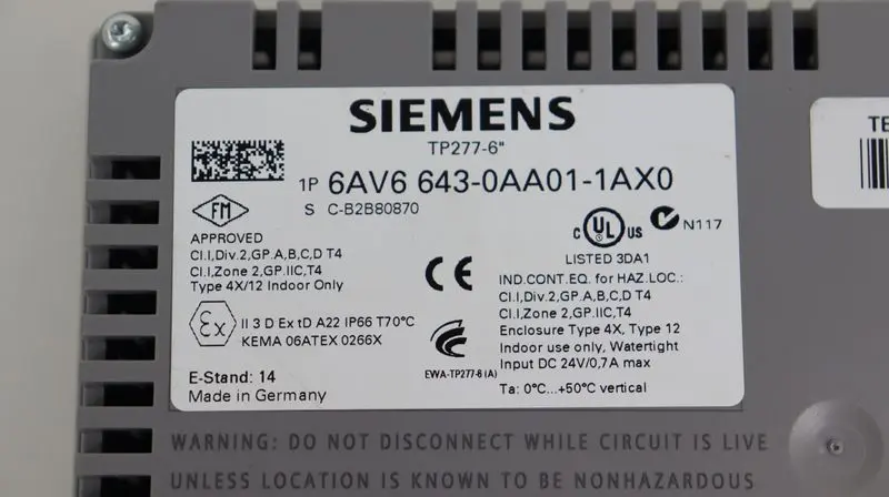 Produktfoto 1 von SIEMENS TP277-6 6AV6 643-0AA01-1AX0 6AV6643-0AA01-1AX0 E-Std:14 TESTED NEUWERTIG