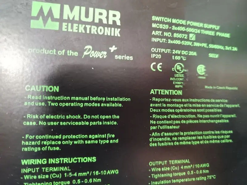 Produktfoto 1 von MURR Elektronik Netzteil Art.No. 85072 MCS20-3x400/24V 400V 20A 24VDC TESTED GUT