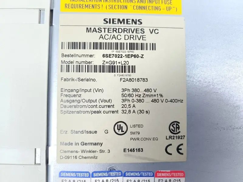 Produktfoto 1 von Siemens Masterdrives VC 6SE7022-1EP60-Z Z: G91+L20 6SE7022-1EP60 TESTED & TOP ZUSTAND