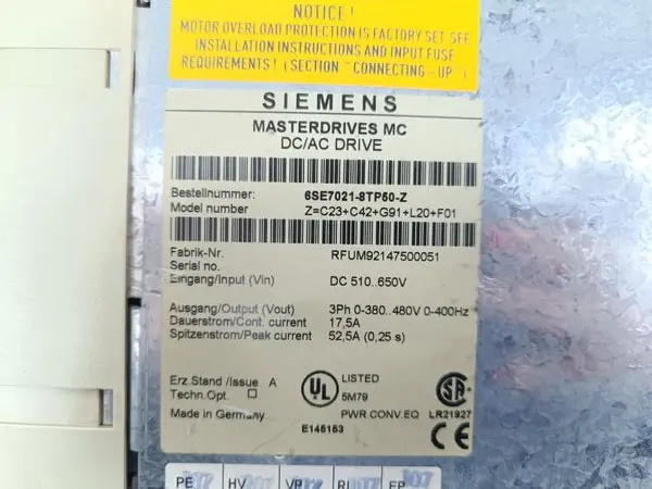 Siemens 6SE7021-8TP50-Z MC DC/AC 6SE7021-8TP50 Z Issue: A Z=C23+C42+G91+L20+F01