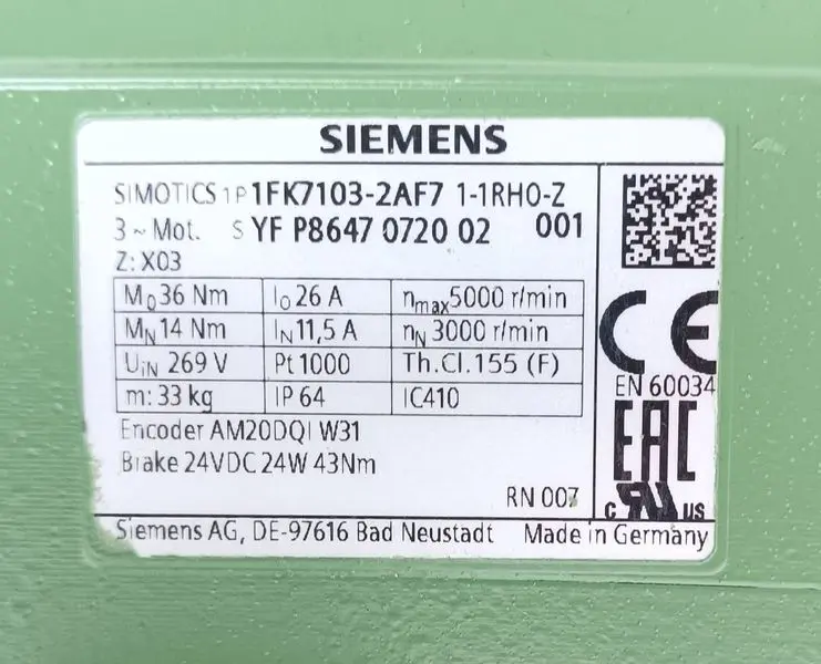 Produktfoto 1 von Siemens Servomotor 1FK7103-2AF71-1RH0 Z Z= X03 RESEDA GREEN TESTED & UNUSED