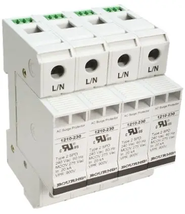 Produktfoto 1 von Bourns 1210 Überspannungsableiter 4-poliger Protektor 100 kA 415V ac, DIN-Hutschiene, -50 °C→85 °C
