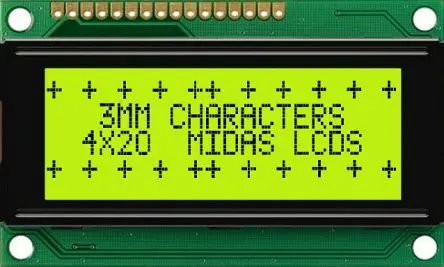 Produktfoto 1 von Midas MC Alphanumerische LCD-Anzeige, Alphanumerisch LED Grün, Gelb 4 x 20, Hintergrund Schwarz, Parallel Interface