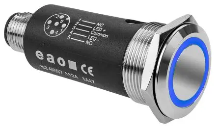 Produktfoto 1 von EAO 82 Beleuchtete Drucktaste Blau Beleuchtet Tastend Panel Ø 22 mm, 1-poliger Umschalter / 500mA 35 V dc 35 V ac, IP65,