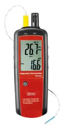 Produktfoto 1 von RS PRO Psychrometer, ±2 % LCD-Hintergrundbeleuchtung, Batterie, DKD/DAkkS-kalibriert