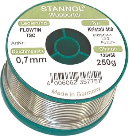 Produktfoto 1 von Stannol Draht Lötzinn bleifrei 97.1 %Sn 0 %Pb 0.3 %Cu 2.6 %Ag, 217 °C, Ø 1 mm / 100 g