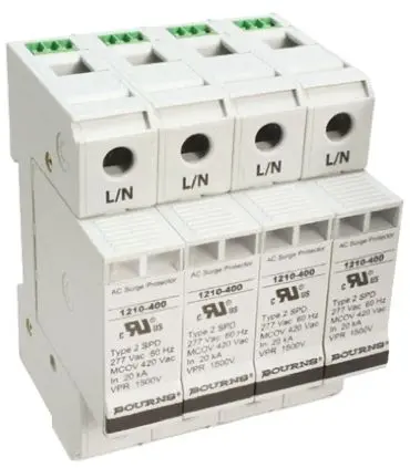 Produktfoto 1 von Bourns 1210 Überspannungsableiter 4-poliger Protektor 100 kA 600V ac, DIN-Hutschiene, -50 °C→85 °C