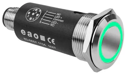 Produktfoto 1 von EAO 82 Beleuchtete Drucktaste Grün Beleuchtet Rastend Panel Ø 22 mm, 1-poliger Umschalter / 500mA 35 V dc 35 V ac, IP65,
