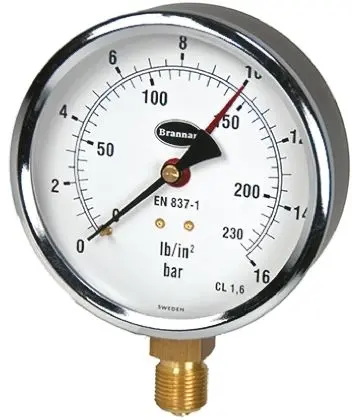 Produktfoto 1 von Brannan Typ G Manometer 100 mm 0 bar → 16 bar Stahl Gehäuse G 3/8, ISO-kalibriert