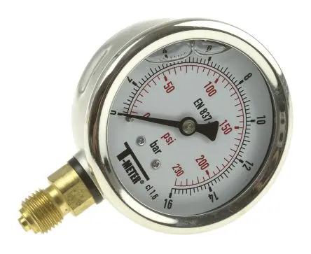 Produktfoto 1 von Sferaco BSPT Manometer 63 mm 0 bar → 16 bar Edelstahl Gehäuse G 1/4, ISO-kalibriert