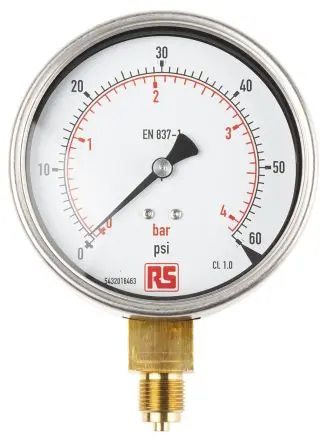 Produktfoto 1 von RS PRO BSPM Manometer 100 mm 0 psi → 60 psi ±1 % Edelstahl Gehäuse G 3/8 in