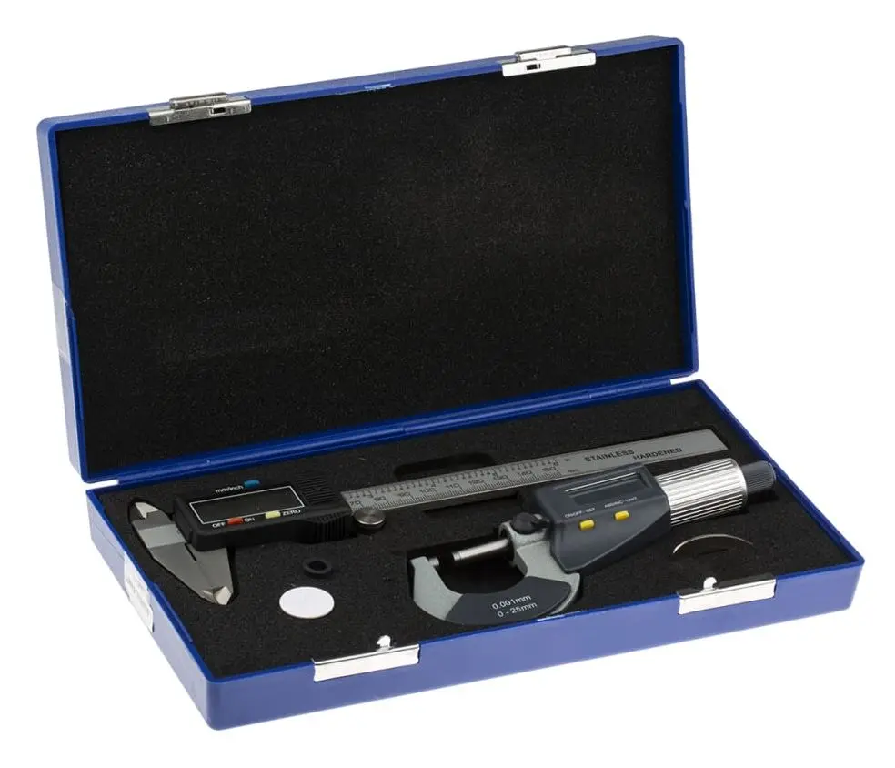 Produktfoto 1 von RS PRO Edelstahl, Wolframcarbid Messwerkzeug-Satz, Metrisch, Zoll Messschieber und Mikrometer, 0.04 mm