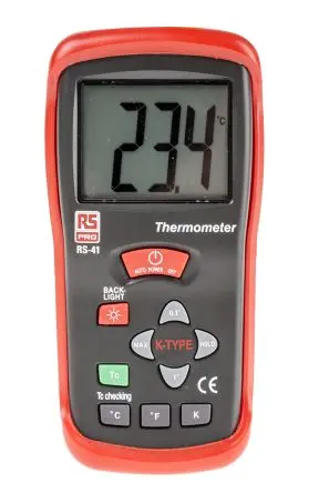 Produktfoto 1 von RS PRO Digitales Thermometer, RS41, Tragbar, 1 bis 1300 °C ±0.5% + 1 °C, ±0.5% + 2 °F, ±1% + 2 K max, Messelement Typ K