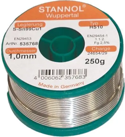 Produktfoto 1 von Stannol Draht Lötzinn bleifrei 99.3 %Sn 0 %Pb 0.7 %Cu, 227 °C, Ø 1 mm / 250 g