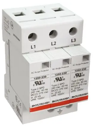 Produktfoto 1 von Bourns 1250 Überspannungsableiter 3-poliger Protektor 50 kA 415V ac, DIN-Hutschiene, -50 °C→85 °C