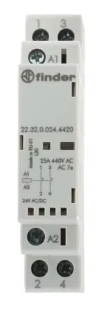 Produktfoto 1 von Finder 22 Schütz 24V ac/dc-Spule, 2-polig, 440V / 25 A 2.2 W 1 Schließer/1 Öffner 2-Hilfskontakte