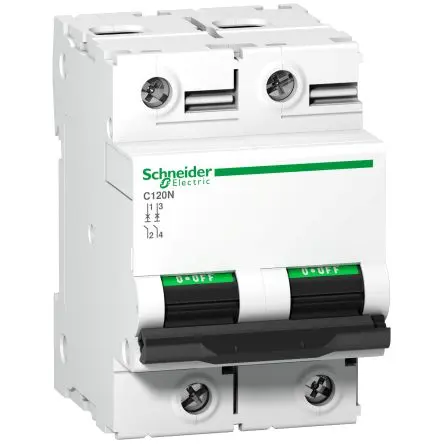 Produktfoto 1 von Schneider Electric Acti9 C120 Leitungsschutzschalter Typ D, Pol 2 63A 380 → 415V, Abschaltvermögen 20 kA Acti9