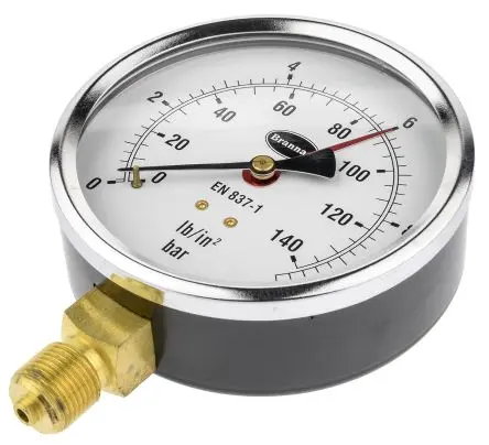 Produktfoto 1 von Brannan Typ G Manometer 100 mm 0 bar → 10 bar ±1.6 % Stahl Gehäuse G 3/8, DKD/DAkkS-kalibriert