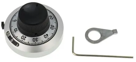 Produktfoto 1 von Bourns Schwarz, Chrom Potentiometer-Knopf, Zeiger Weiß Ø 46 mm x 24 mm, Rund Schaft 6.35 mm