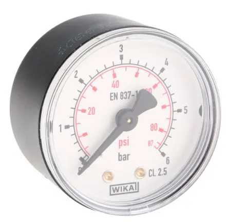 Produktfoto 1 von WIKA BSPT 111.12 Manometer 50 mm 0 bar → 6 bar ±1.6 % Kunststoff Gehäuse R 1/8, ISO-kalibriert