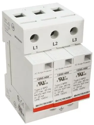 Produktfoto 1 von Bourns 1250 Überspannungsableiter 3-poliger Protektor 50 kA 600V ac, DIN-Hutschiene, -50 °C→85 °C