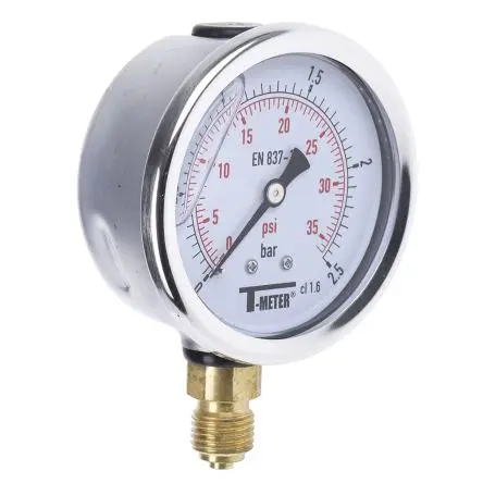 Produktfoto 1 von Sferaco BSPT Manometer 63 mm 0 bar → 2.5 bar Edelstahl Gehäuse G 1/4, ISO-kalibriert