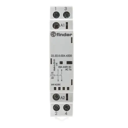 Produktfoto 1 von Finder 22 Schütz 24V ac/dc-Spule, 2-polig, 440V / 25 A 2.2 W 2 Schließer 2-Hilfskontakte