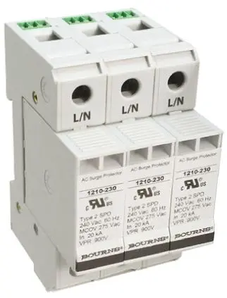 Produktfoto 1 von Bourns 1210 Überspannungsableiter 3-poliger Protektor 100 kA 415V ac, DIN-Hutschiene, -50 °C→85 °C
