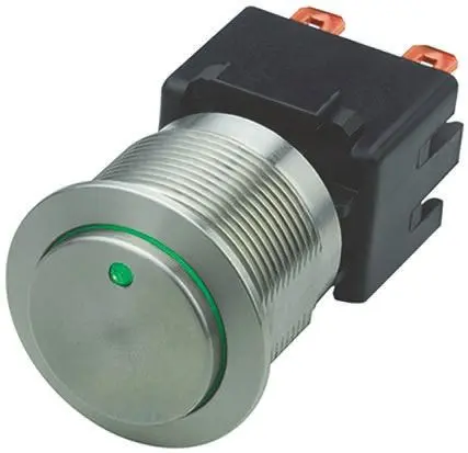 Produktfoto 1 von Schurter MSM LA 19 Druckschalter Grün Beleuchtet Rastend Panel Ø 22 mm, 2-poliger Umschalter / 12A 30 V dc, IP00, IP64