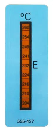 Produktfoto 1 von RS PRO Temperaturmessstreifen 204 °C / 260 °C 8 Messbereiche 10 Stk. Vertikal, L. 18 mm, B. 51 mm
