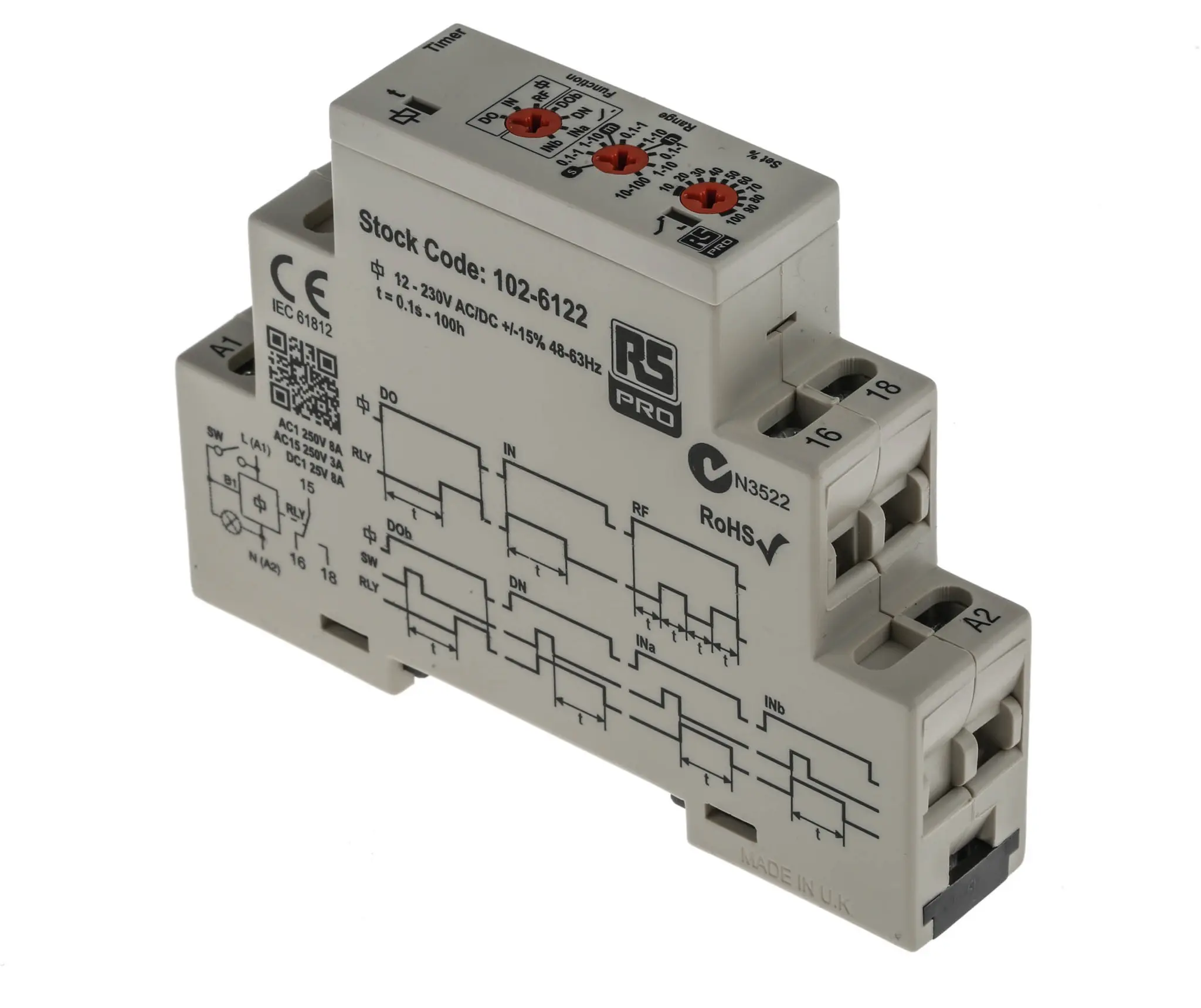 Produktfoto 1 von RS PRO Zeitrelais, DIN-Schienen, 0.1 s → 100h, 12 → 230V ac/dc Multifunktion, 1-poliger Wechsler