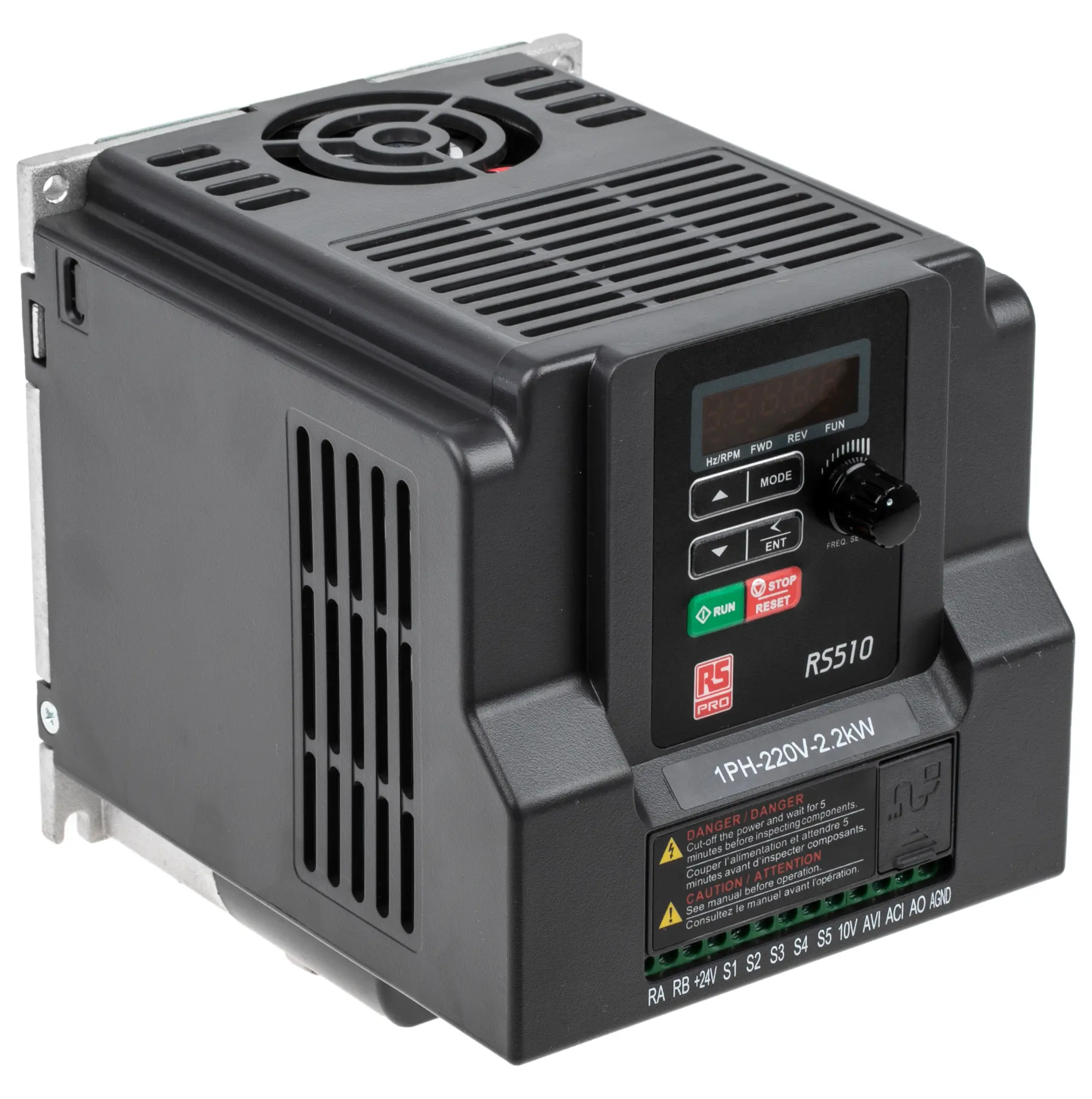 Produktfoto 1 von RS PRO RS510 1-Phasen Frequenzumrichter 2.2 kW 240 V ac 10.5 A 599Hz