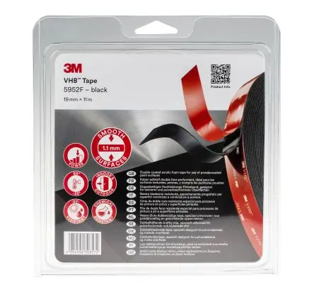 Produktfoto 1 von 3M 5952F VHB Acrylschaum Schaumstoff Klebeband doppelseitig, Schwarz, Stärke 1.1 mm, 19mm x 11 m, 49N/cm