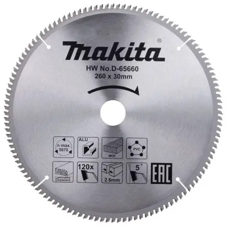 Produktfoto 1 von Makita 120 Wolframcarbid Aluminium, Messing, Polyvinylchlorid, Kupfer, Holz Kreissägeblatt, Ø 260 mm 1