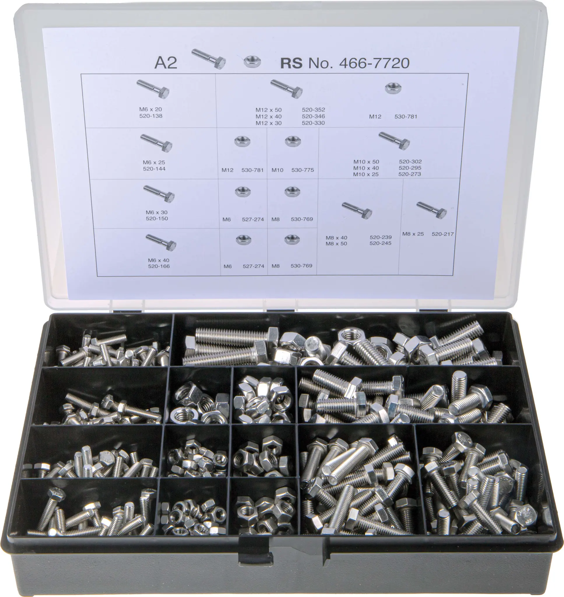 Produktfoto 1 von RS PRO Edelstahl Sechskant Schrauben/Bolzen und Muttern-Sortiment Sechskant x 50 mm x 20 mm, 624 Stück
