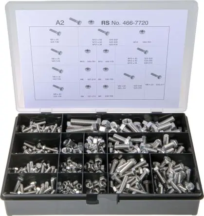 Produktfoto 1 von RS PRO Edelstahl Sechskant Schrauben/Bolzen und Muttern-Sortiment Sechskant x 50 mm x 20 mm, 624 Stück
