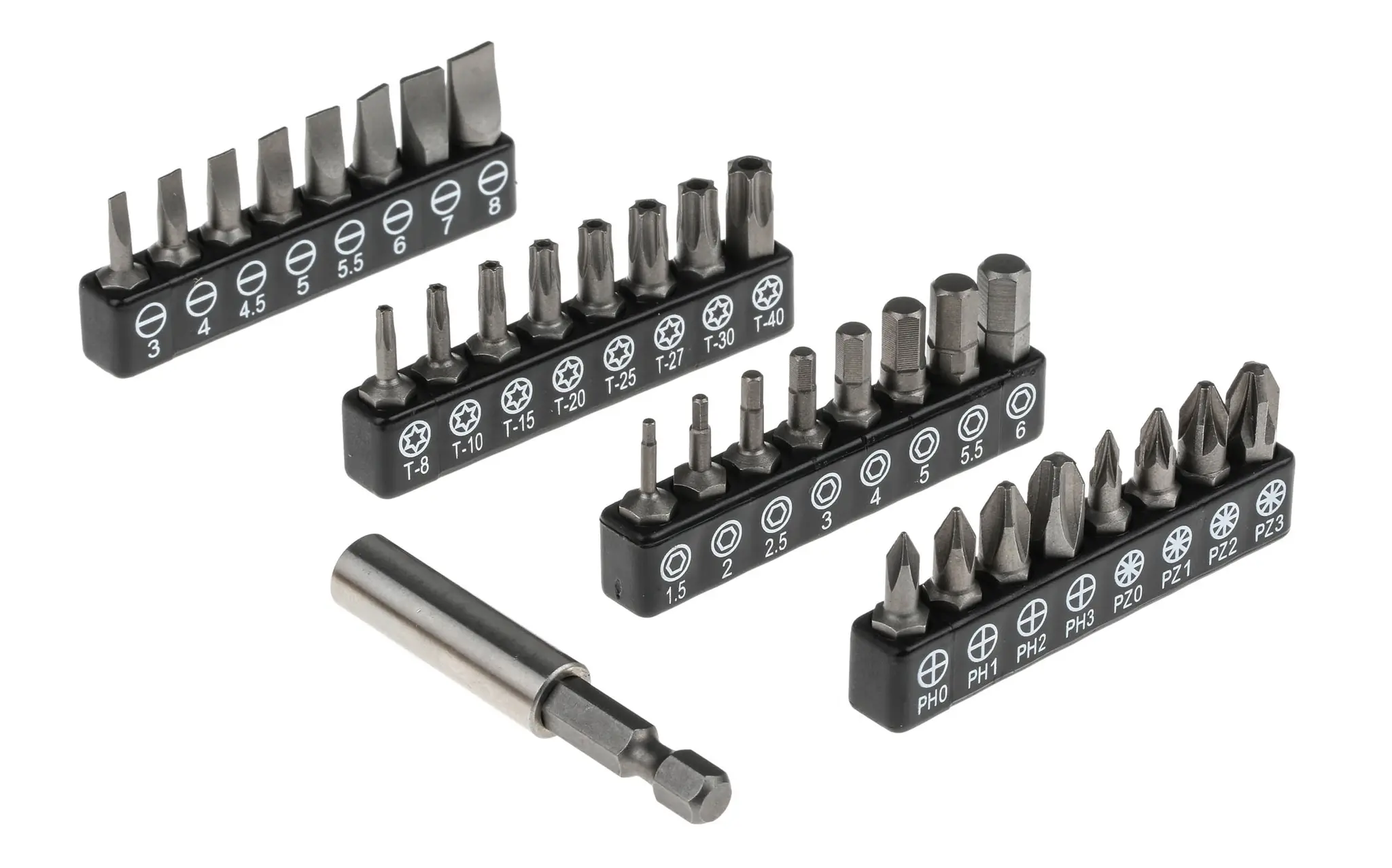 Produktfoto 1 von RS PRO Phillips, Innensechsrund, Sechskant, Geschlitzt Treiberbit CrMo-Stahl 1/4 in, Länge 25 mm, 32-teilig