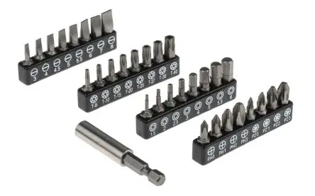 Produktfoto 1 von RS PRO Sechskant, Phillips, Geschlitzt, Innensechsrund Treiberbit CrMo-Stahl 1/4 in, Länge 25 mm, 32-teilig