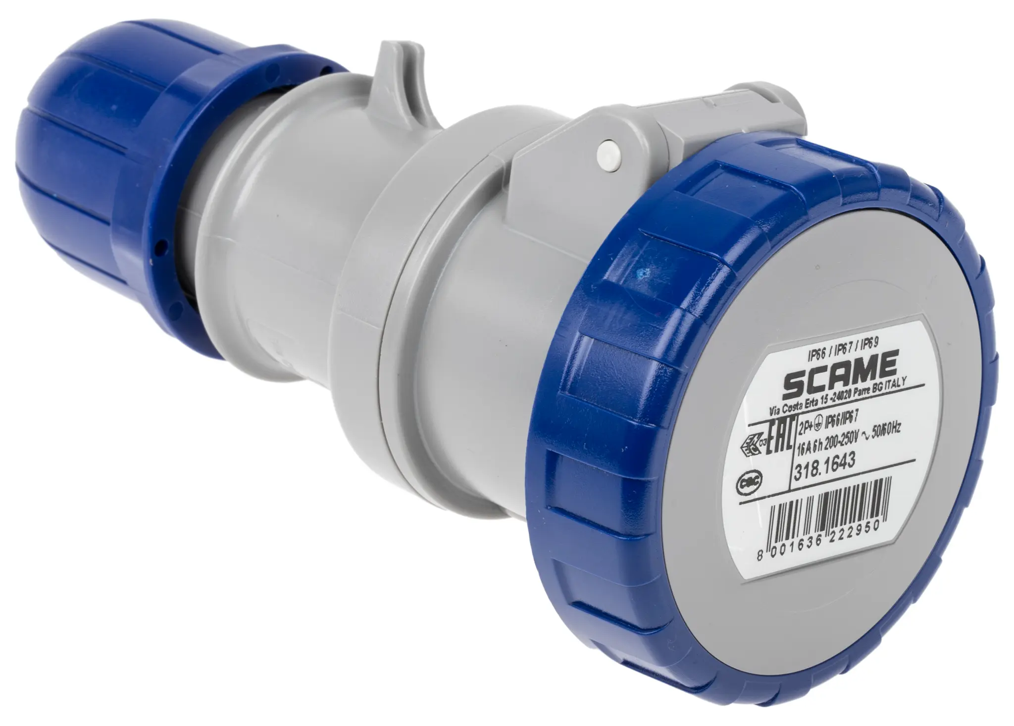 Produktfoto 1 von Scame Optima Leistungssteckverbinder Blau, 230V 2P+PE / 16A, Kabel IP66, IP67